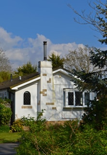 a small white house with a chimney and windows