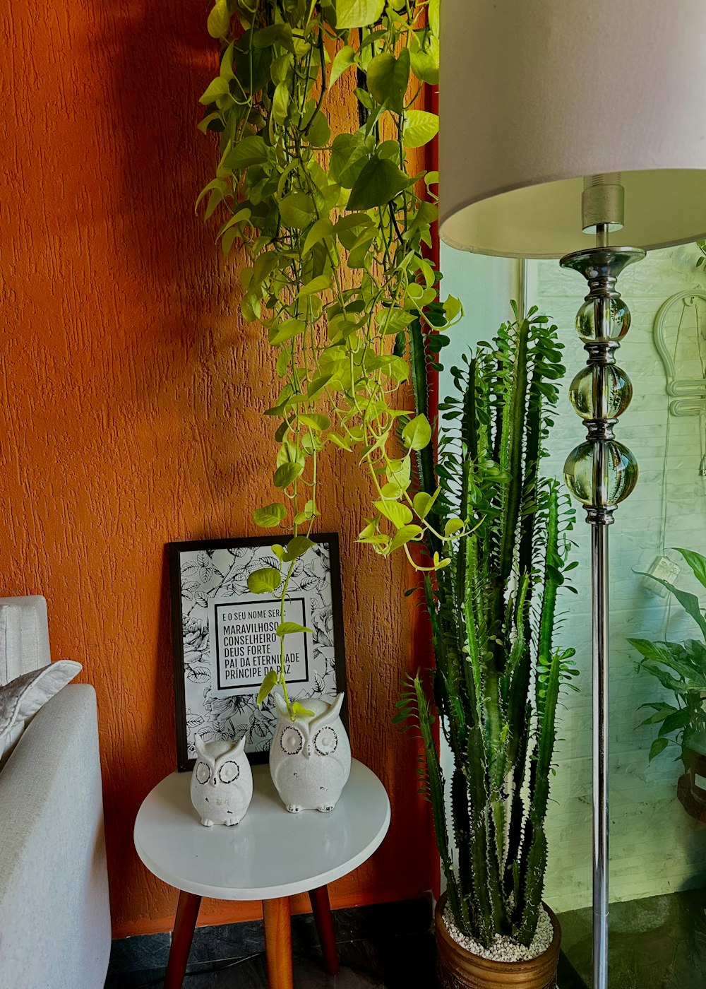 a living room with a plant and a picture frame