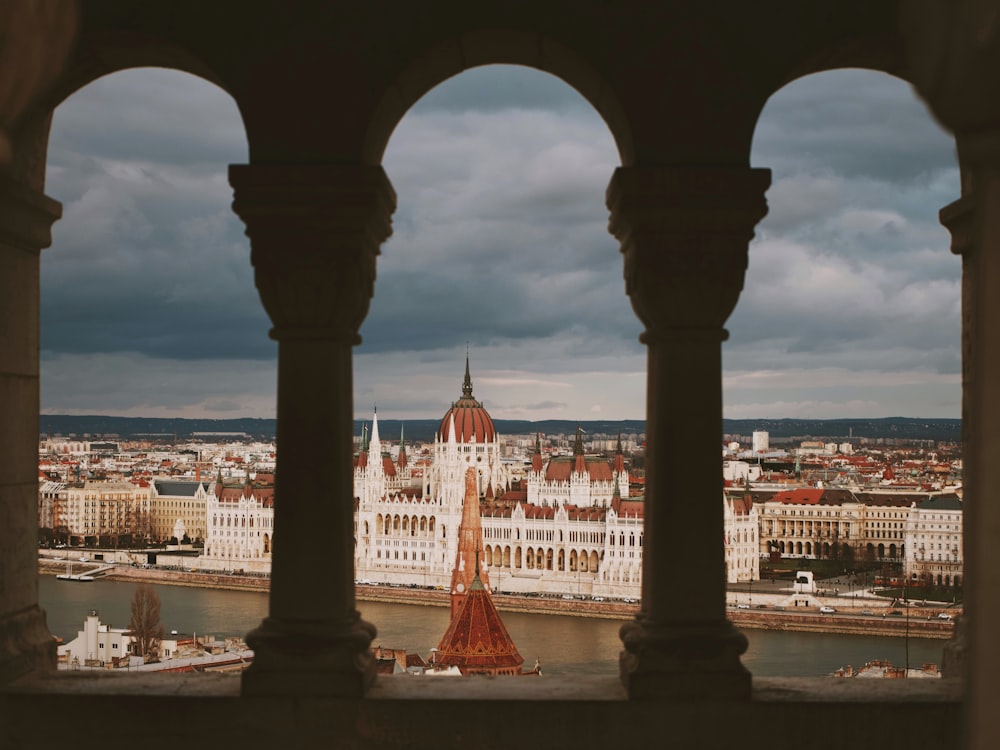 a view of a city from a window in a building