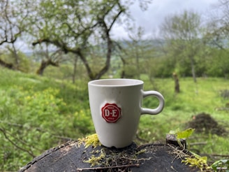 A white mug with a red label is placed on a tree stump covered with moss and surrounded by lush greenery. In the background, there are trees with leaves, indicating a forest or woodland setting.