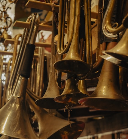 A collection of various brass musical instruments hanging on a rack. The instruments include trumpets and other horn-like devices, which appear aged and well-used, giving them a vintage aesthetic. The background is dimly lit, creating a focus on the brass instruments, which reflect the ambient light.