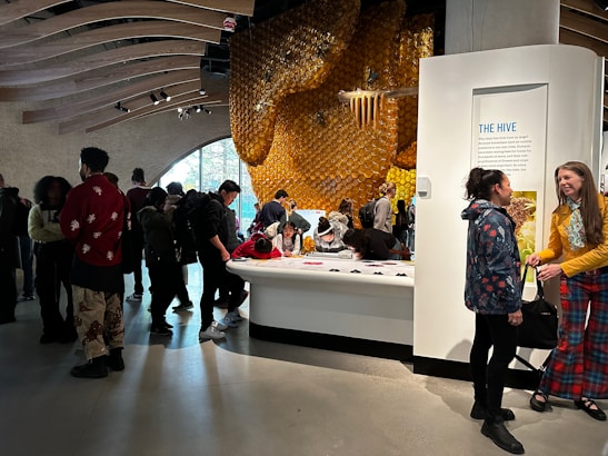 A dimly lit room filled with people engaging in activities around a large display. The display features a honeycomb structure on the wall, creating an impression of a beehive. Several individuals are gathered around a central table, reading and interacting with the exhibit. The room has a modern architecture with curved wooden beams on the ceiling, adding to the artistic ambiance.