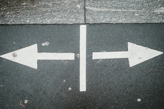 two white arrows pointing in opposite directions on asphalt