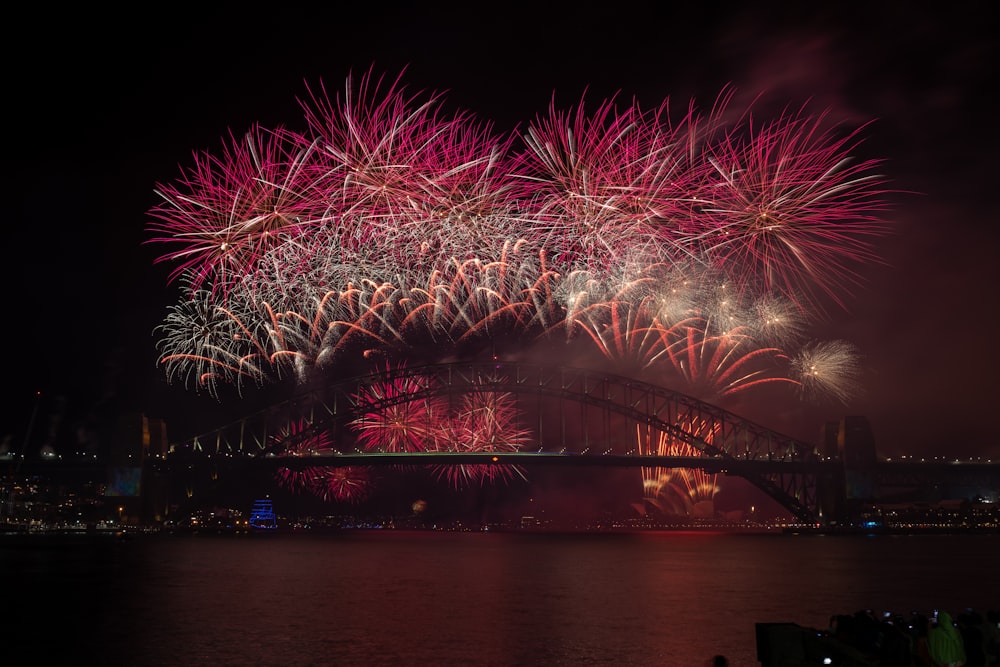 fireworks are lit up over a bridge in the night sky