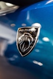 a close up of the emblem on a blue car