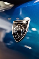 a close up of the emblem on a blue car
