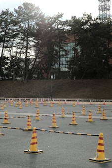 A paved area is lined with numerous yellow and red-striped traffic cones arranged in an orderly pattern, connected by striped barriers. In the background, tall green trees provide a natural backdrop, partially obscuring a brick building with a large window. The scene appears to be a practice area or designated zone without any visible activity.