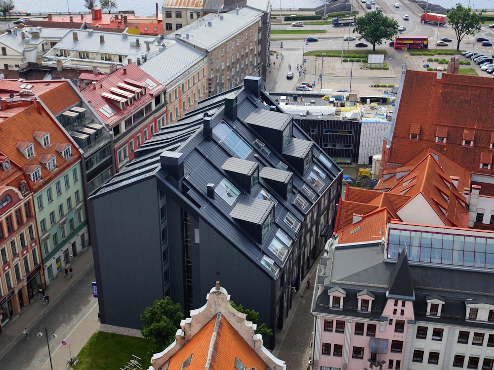 an aerial view of a city with many buildings