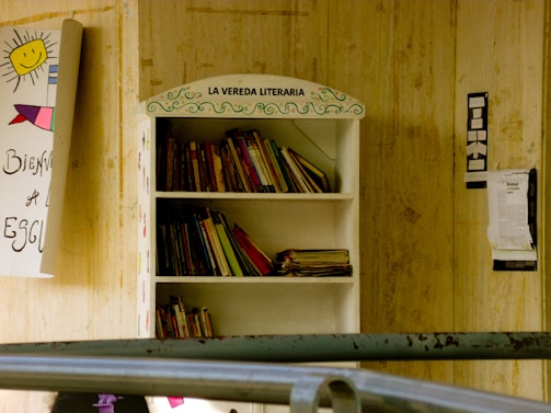 A bookshelf labeled 'La Vereda Literaria' filled with various books, located outdoors against a wooden wall. Nearby, a handmade signs with colorful drawings and text are attached to the wall.