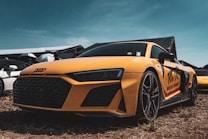 A sleek, yellow sports car with a dynamic design and prominent grille is parked on dry grass. It features intricate wheel designs and bold graphics on the side with the text 'Motor Import.' In the background, other vehicles and tents are partially visible under a clear blue sky.
