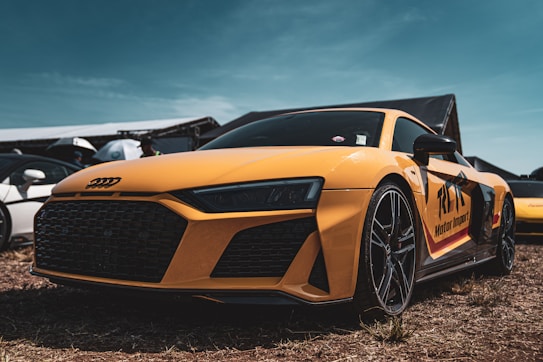 A sleek, yellow sports car with a dynamic design and prominent grille is parked on dry grass. It features intricate wheel designs and bold graphics on the side with the text 'Motor Import.' In the background, other vehicles and tents are partially visible under a clear blue sky.