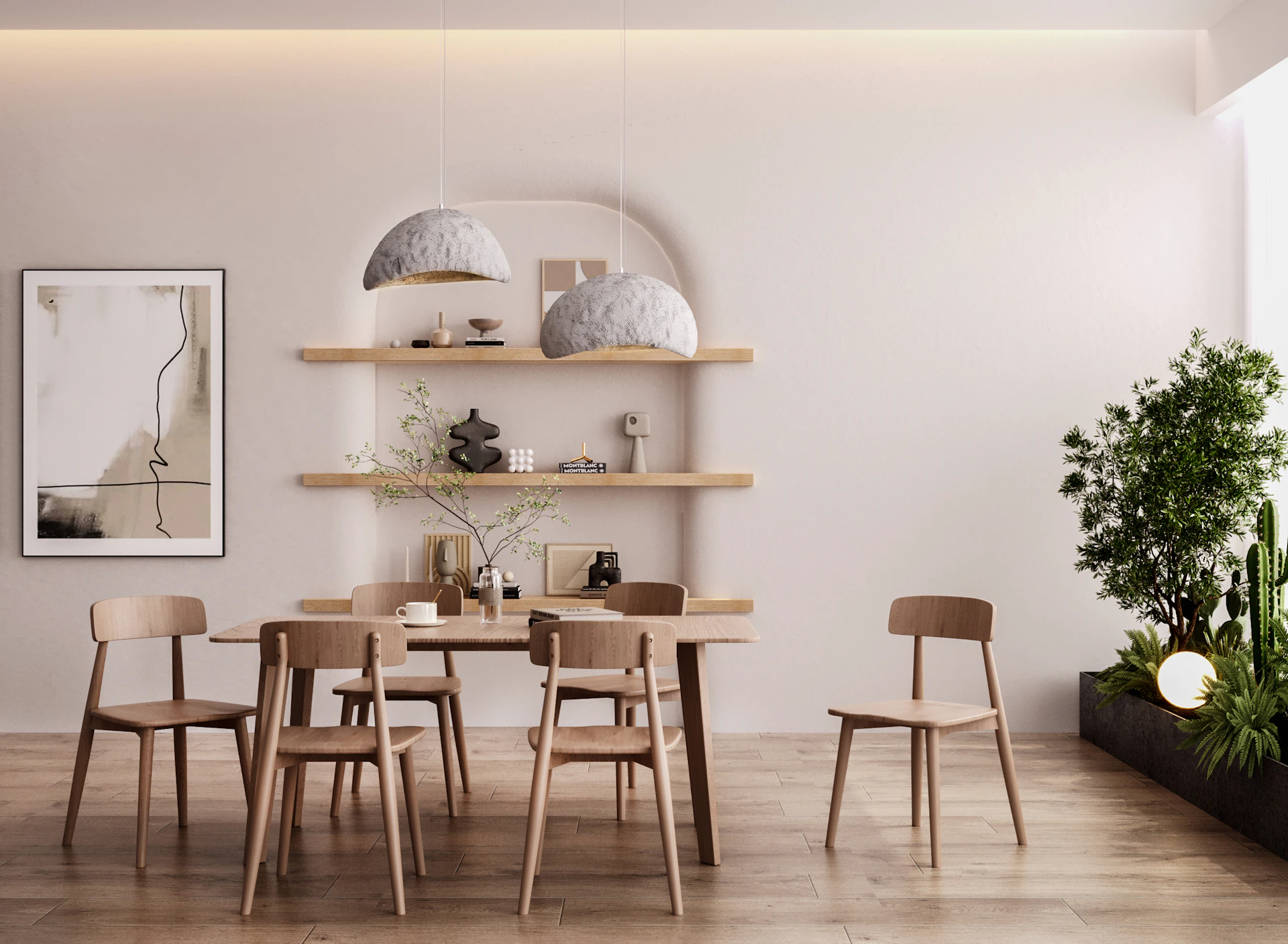 Minimalist dining area bathed in natural light, showcasing sleek furniture, olive green accents, and delicate pendant lighting.