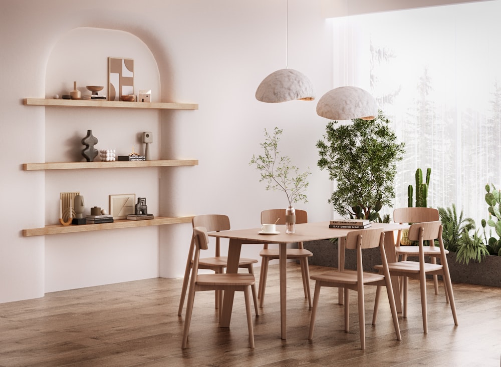 a room with a table, chairs, shelves and a potted plant