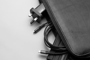 a black and white photo of a power strip and a case
