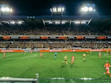 Energetic crowd cheering wildly during a thrilling soccer match under stadium lights.