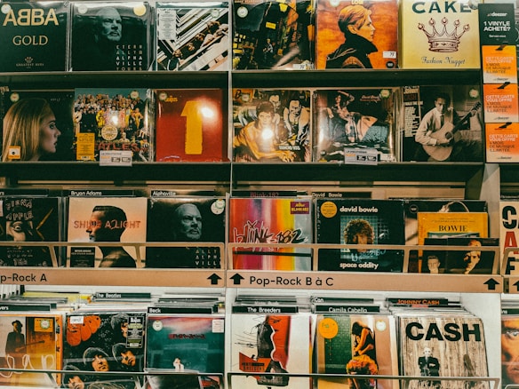 An array of vinyl records are displayed on shelves in a record store. The covers feature various artists and albums from different genres, with notable titles and recognizable imagery. The display is organized into sections labeled 'Pop-Rock A' and 'Pop-Rock B &agrave; C'.