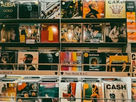 An array of vinyl records are displayed on shelves in a record store. The covers feature various artists and albums from different genres, with notable titles and recognizable imagery. The display is organized into sections labeled 'Pop-Rock A' and 'Pop-Rock B à C'.