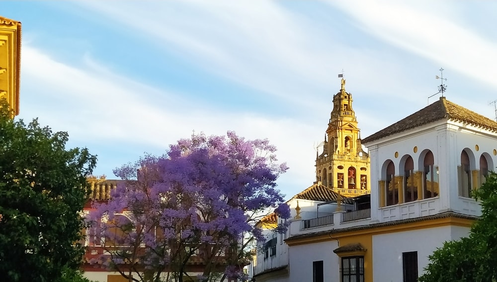 a white building with a yellow clock tower