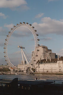 A serene shot of the London Eye reflecting on the Thames River under a cloudy sky.