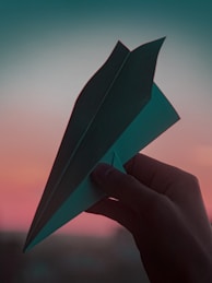 a hand holding a paper airplane in front of a sunset