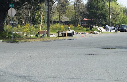 A street corner with scattered debris, discarded furniture, and litter. There is a stop sign on the left and a street sign mentioning '149 St S'. Trees and grass are present in the background, and there is a black SUV parked on the right side of the road.