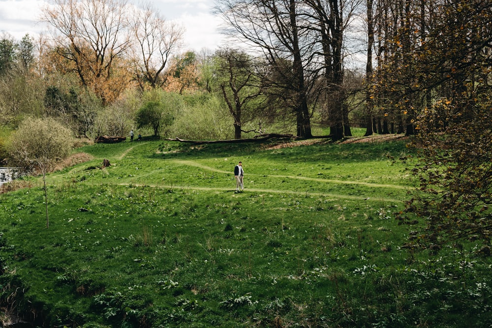 a person walking across a lush green field