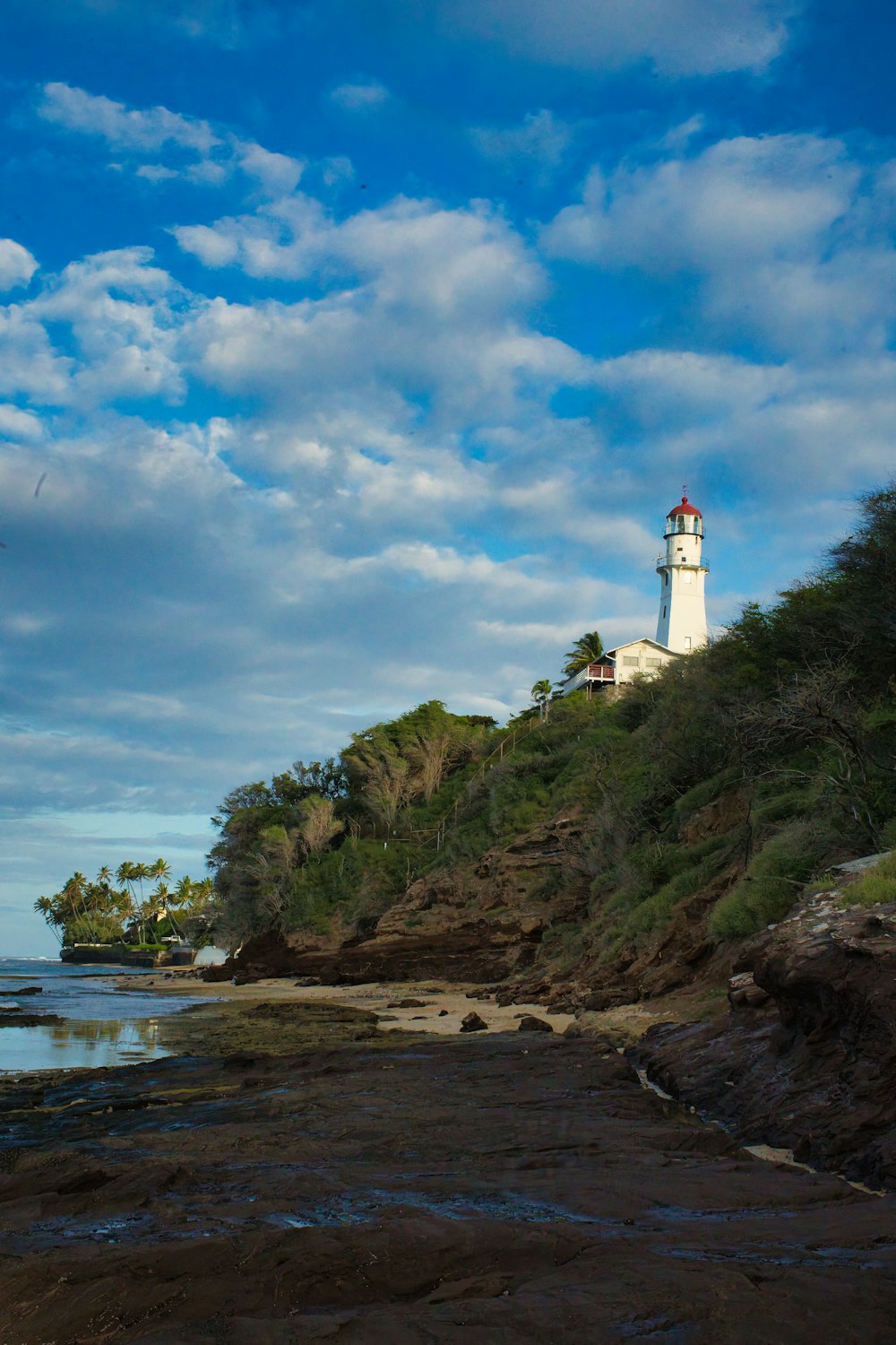 a lighthouse on top of a hill near the ocean