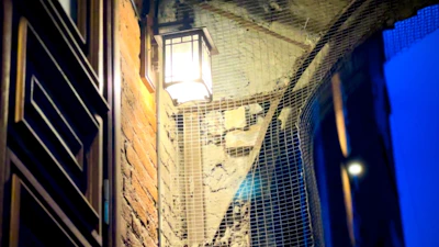 A rustic brick exterior wall enhanced with vintage-style outdoor lighting.