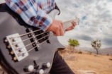 A person playing a black electric bass guitar outdoors, wearing a plaid shirt. The background features an open landscape with dry grass, scattered stones, and a few green trees under a cloudy sky.