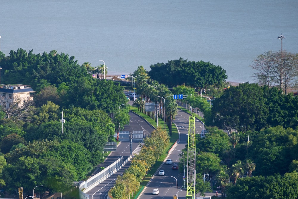 a view of a city street with trees and a body of water in the background