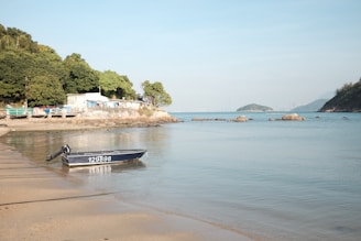 A small motorboat anchored near a sandy beach with lush greenery behind.