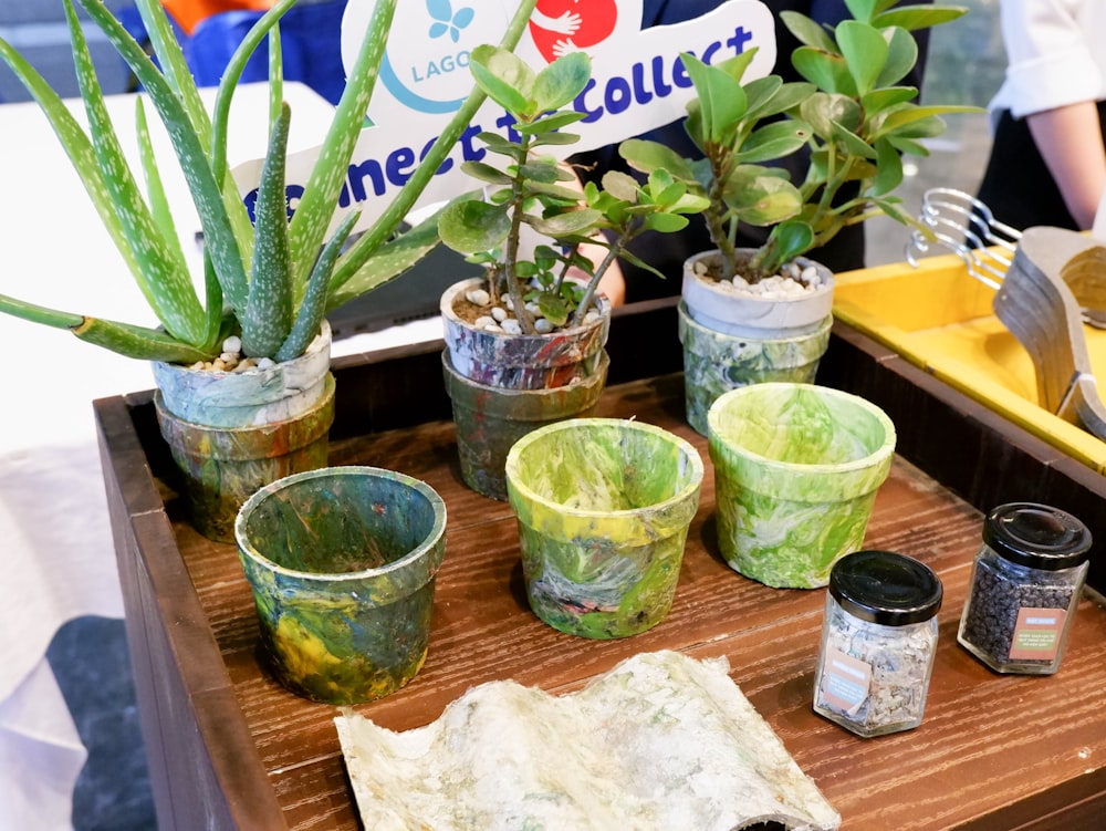 a wooden table topped with lots of potted plants