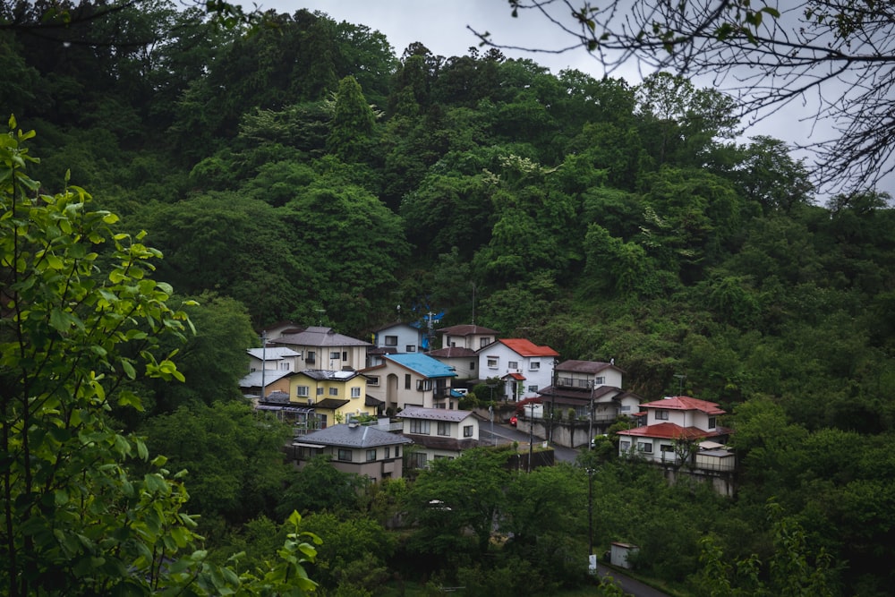 a small village nestled on a hill surrounded by trees