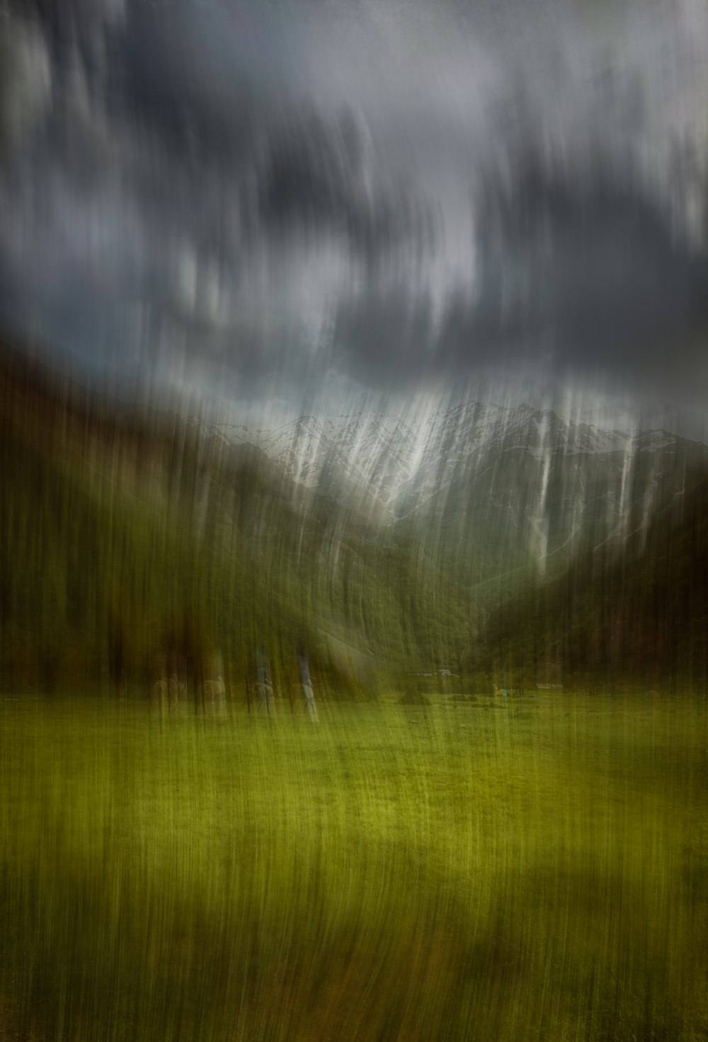 a blurry photo of a grassy field with a mountain in the background