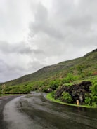 A winding mountain road disappearing into lush green hills under a cloudy sky.