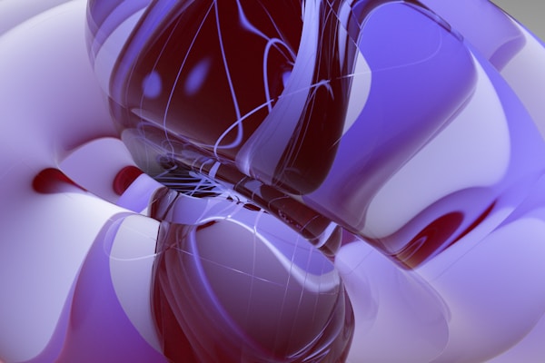 An abstract digital artwork featuring smooth, fluid shapes with glossy surfaces. The composition includes a mix of complex curves and transparent elements in shades of purple and dark red, creating a sense of depth and movement.