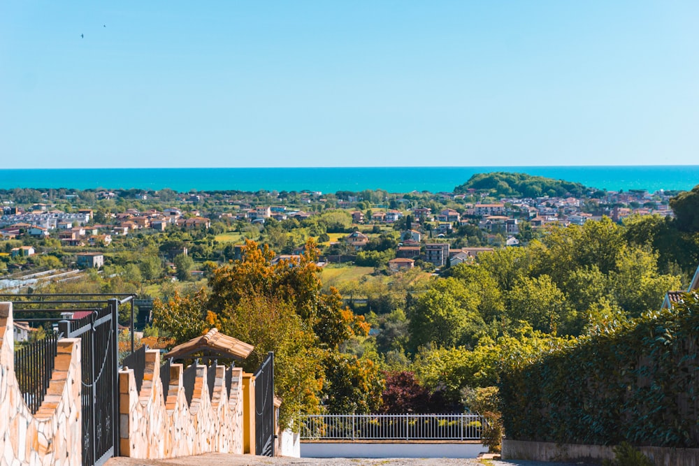 a view of a city and the ocean from a hill