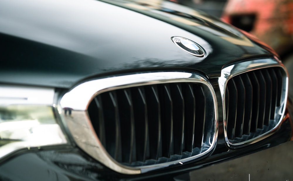 a close up of the front grill of a car