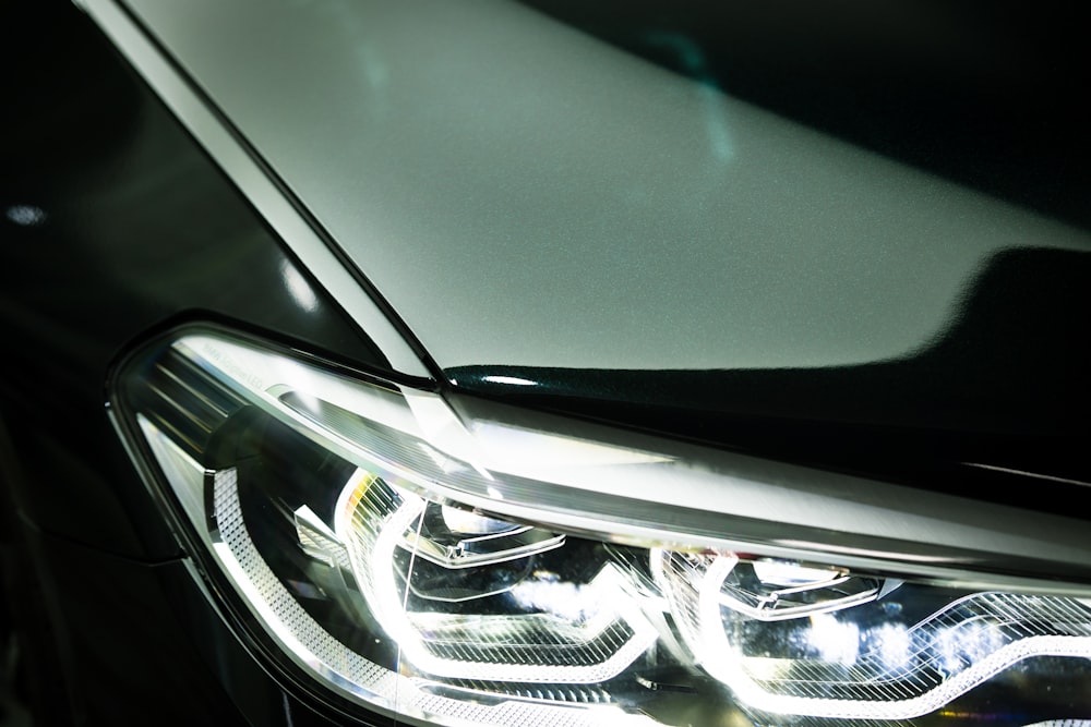 a close up of a car's headlight