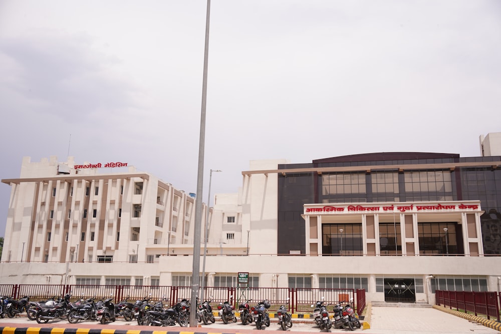 a row of motorcycles parked in front of a building