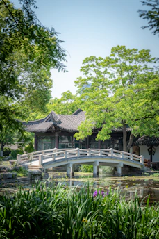 A peaceful nature scene highlighting a traditional Chinese garden with a small pavilion.