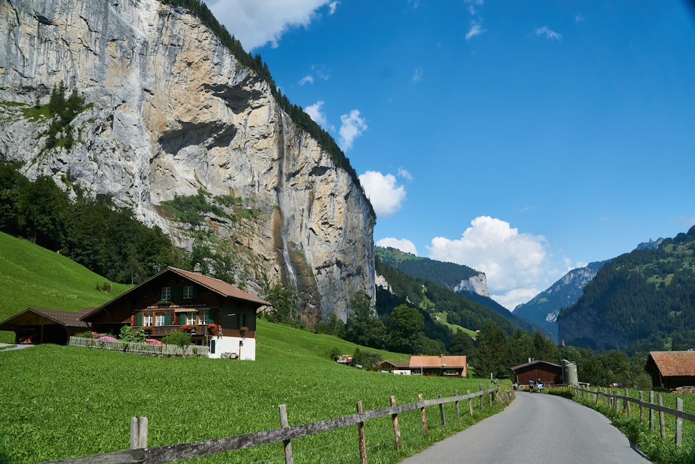 a road going through a lush green valley