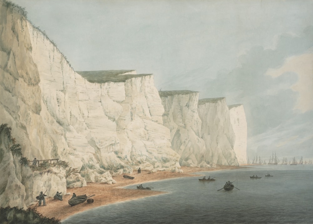 a painting of white cliffs and boats on a body of water