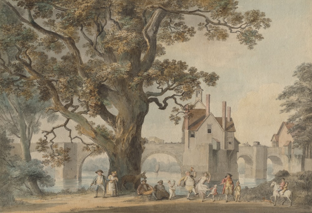 a painting of a group of people near a tree