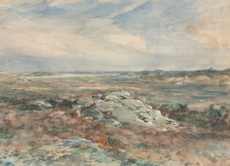 A serene landscape watercolor painting depicting a vast open area with rolling hills and a sky filled with soft, diffused clouds. The foreground features a rocky terrain with various earthy tones, leading to an expansive view that extends to a distant horizon.