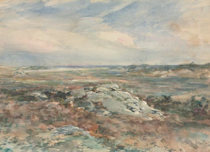A serene landscape painting capturing soft cream skies over rolling hills.
