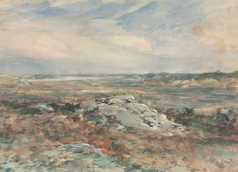 a painting of a rocky outcropping on a cloudy day