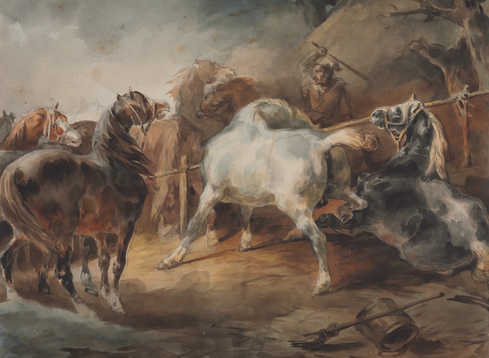 a painting of a group of horses and men