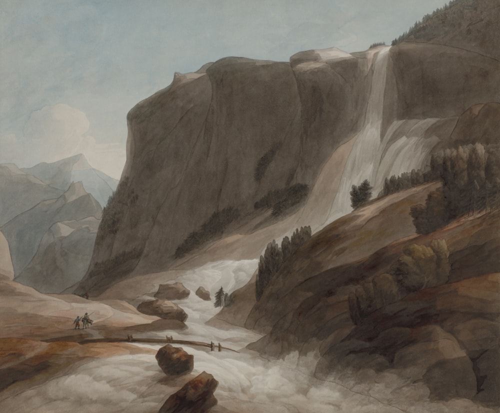 a painting of a mountain scene with a stream