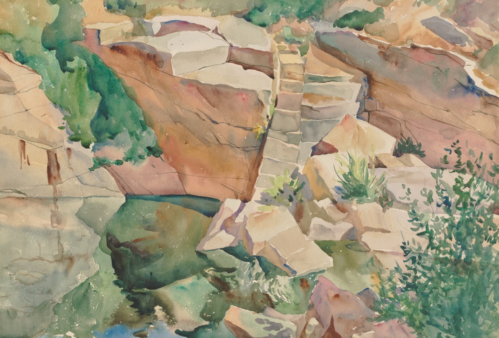 a watercolor painting of a rocky landscape